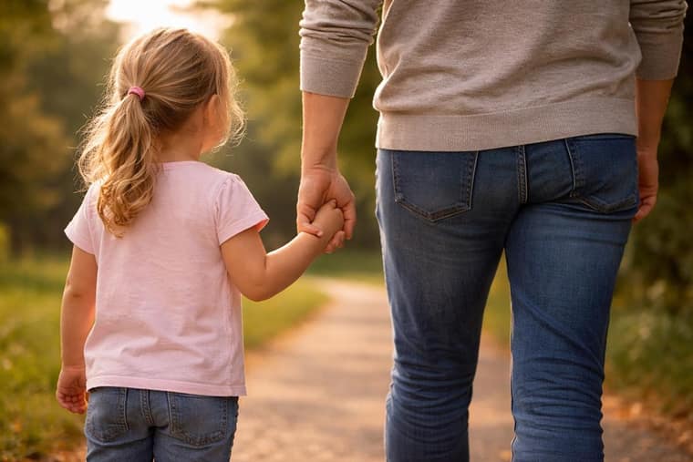 Parent and young child walking together outdoors on a sunny day