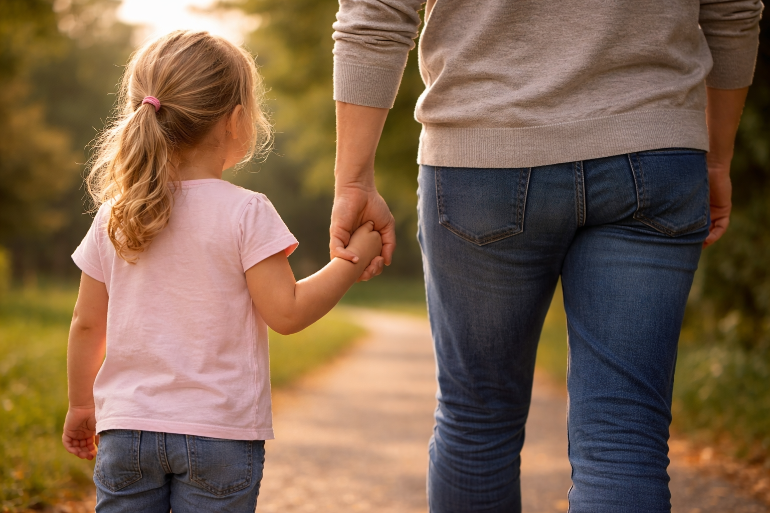Parent and young child walking together outdoors on a sunny day